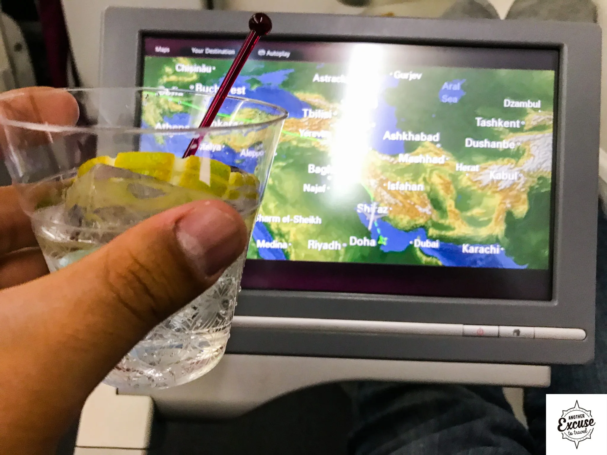 Qatar 787 economy food meal dinner tray wine drinks gin tonic