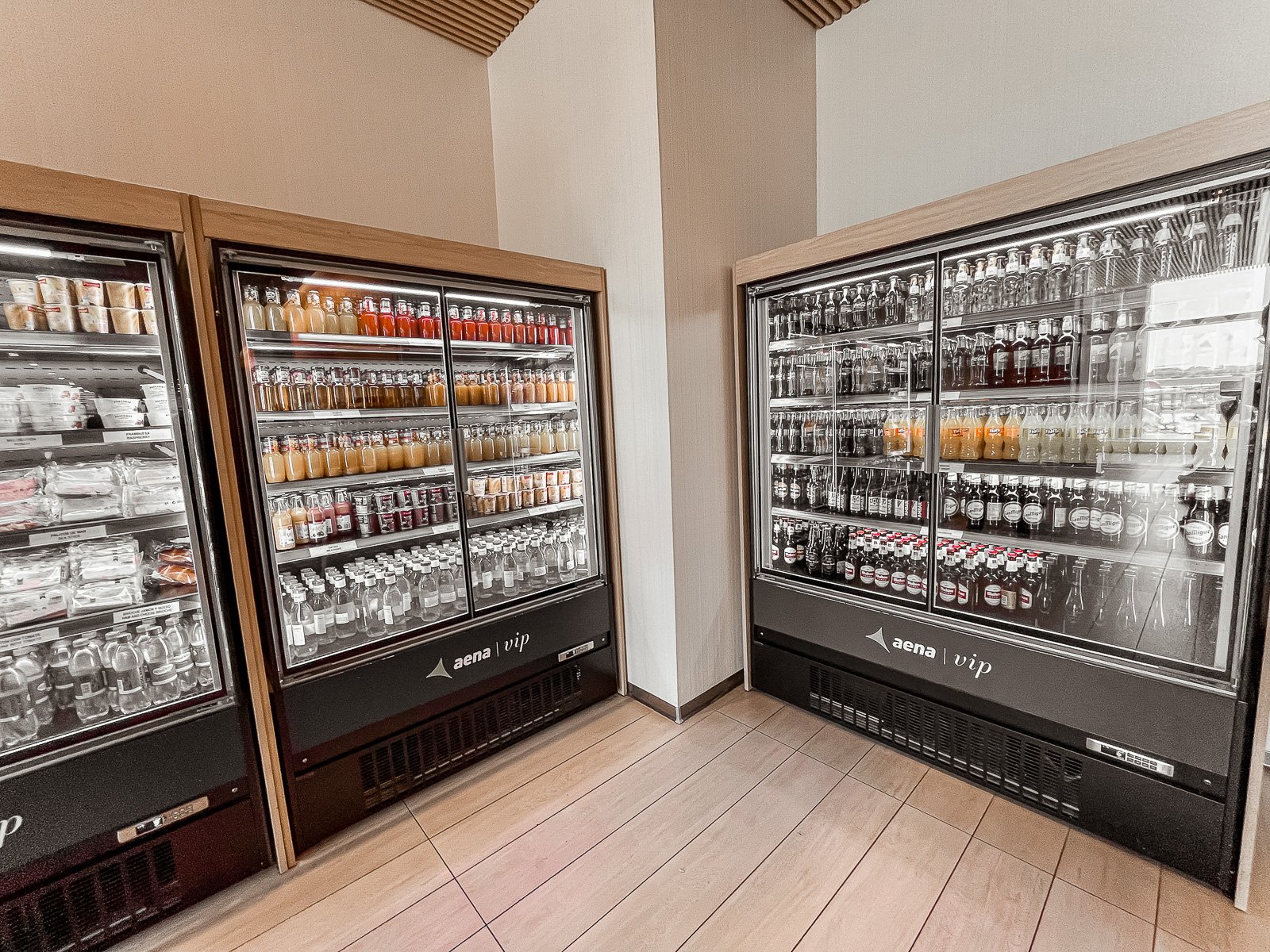 Plaza Mayor Lounge Madrid fridges with soft drinks, beer and sandwiches.