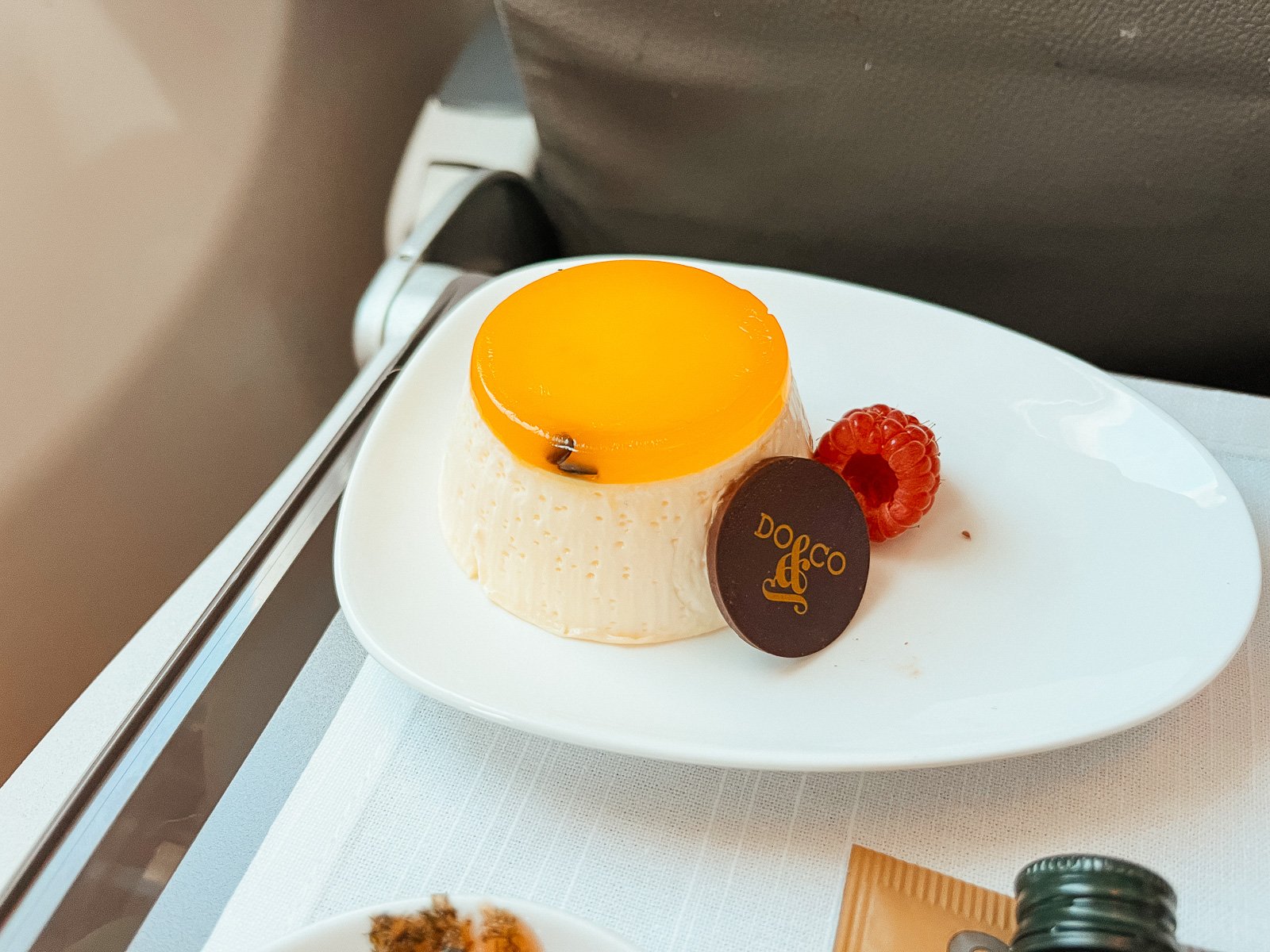 Iberia Business Class Madrid to Prague Dessert. Passion Fruit Panna Cotta
