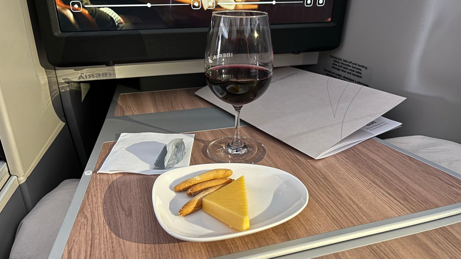 Iberia Business Class Starter with wine (cheese)