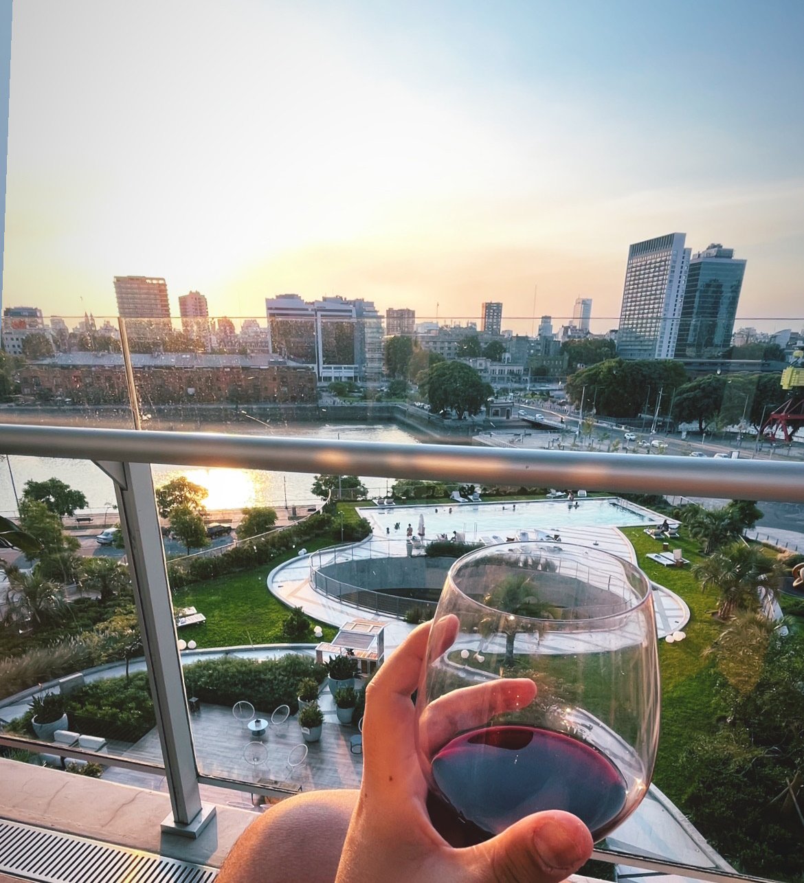 Puerto Madero Buenos Aires sunset view with wine
