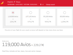 Iberia Avios Redemption Prices - Madrid to Tokyo Return