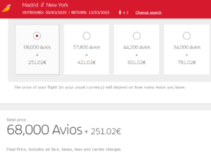 Iberia Plus Avios Redemption from Madrid to New York