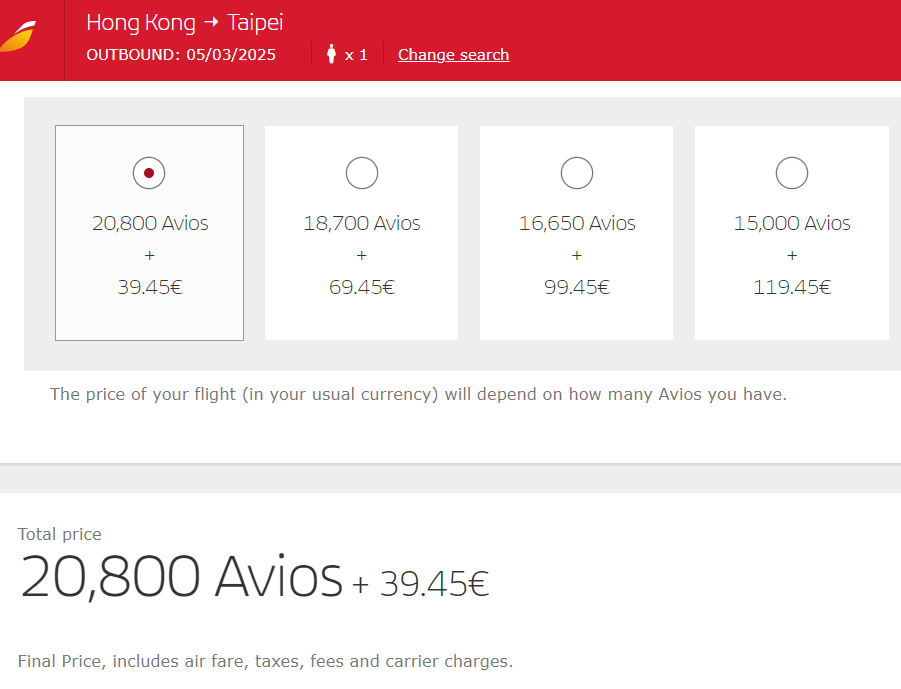 Iberia Avios Redemption to Taipei