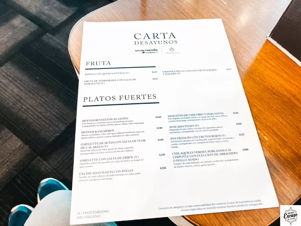 Aeromexico Lounge Breakfast Menu