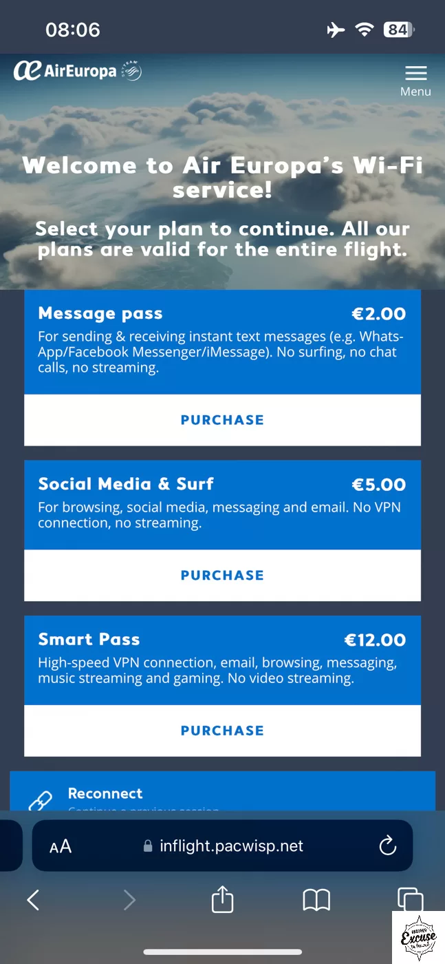 Air Europa in-flight wifi options.