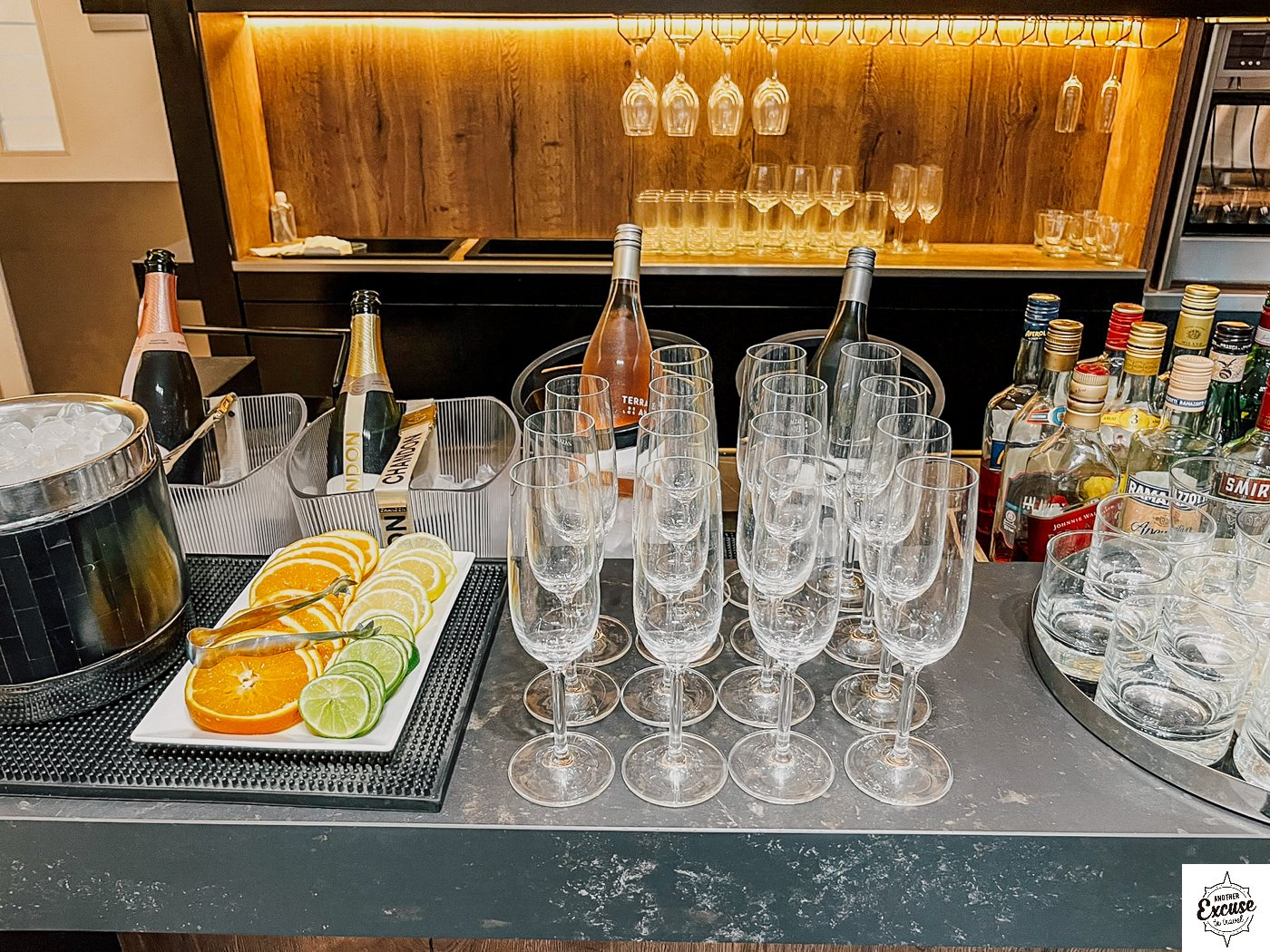 Alcoholic drinks selection, including wine, chandon and spirits.
