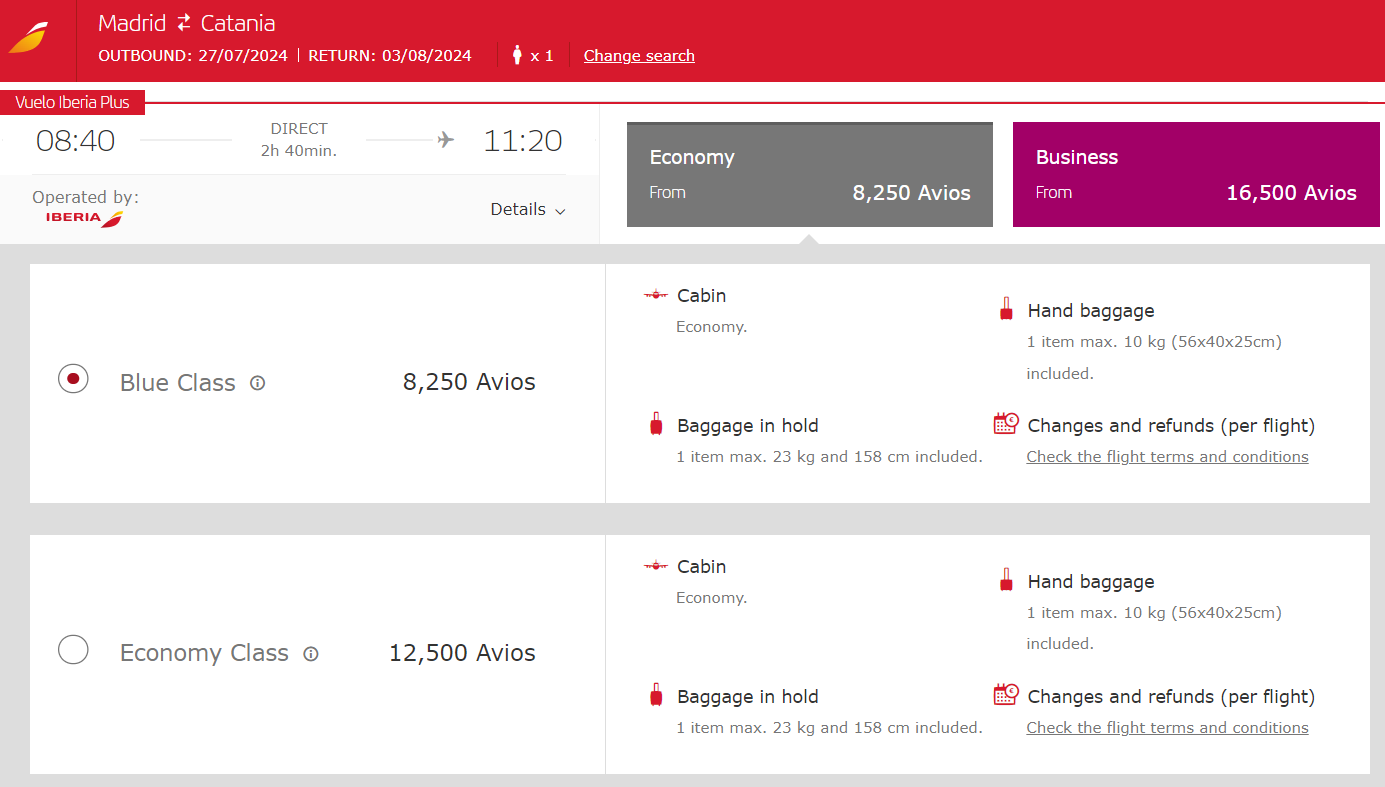 Iberia Avios-only flight Catania