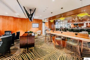 Work and bar area in airport lounge