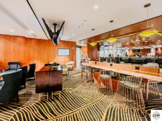 Work and bar area in airport lounge