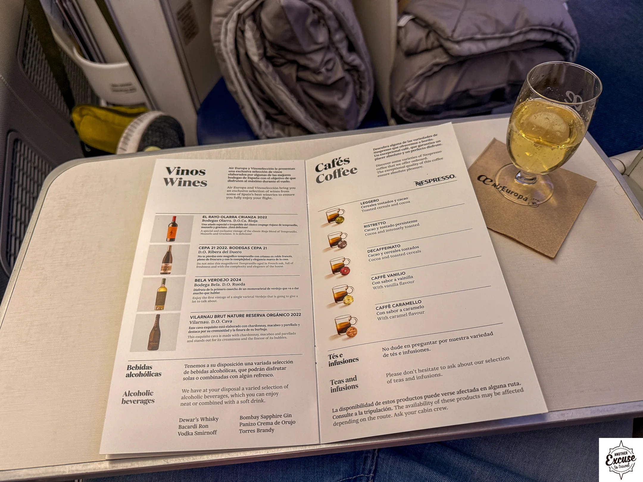 Air Europa Business Class wine and coffee menu
