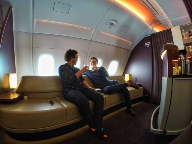The Qatar Airways A380 in business class offers a fun flying experience. It's unique because it features an onboard bar. We had a fair bit of fun trying it out.If you want to see a full review, you have two options :) Either head over to our website and read the text review, or head over to our YouTube and catch the video review. You can find the links in our bio.#travelexcuses #qatarairways #businessclass #travelcouple #itsalifestyle #avgeek #instaaviation